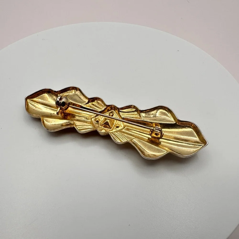 Vintage Rhinestone Bar Brooch Gold Tone Clear Crystal Statement Elegant Pin 90s